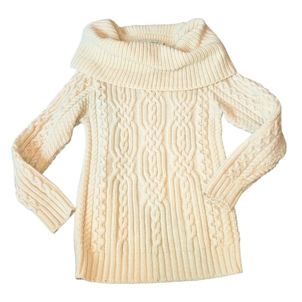 Aran Mor Craft MD Ireland Cream Cowel Neck 100% Merino Wool Cable Knit Sweater